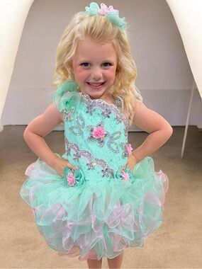 Jennifer Wu Mint Cupcake rhinestone pageant dress with Pink Floral Accents.